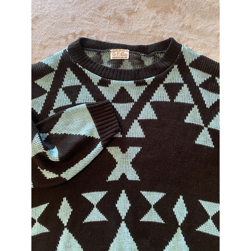 Vintage 80s Sweater Womens Sz M Black Blue Geometric Made USA Retro‎ Classic